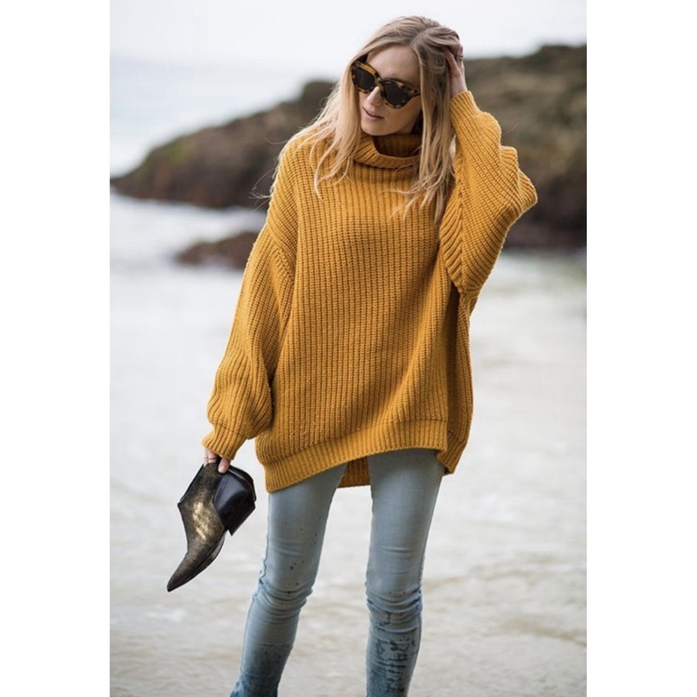 Free People Swim Too Deep Cowl Neck Pullover Sz M Mustard Chunky Knit Relaxed